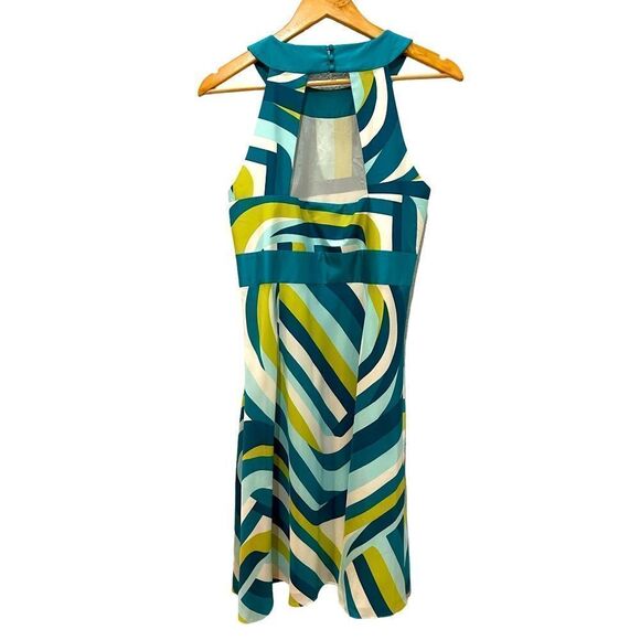 Ann Taylor Silk Aqua Pattern Halter Dress Size 8 - Picture 2 of 13